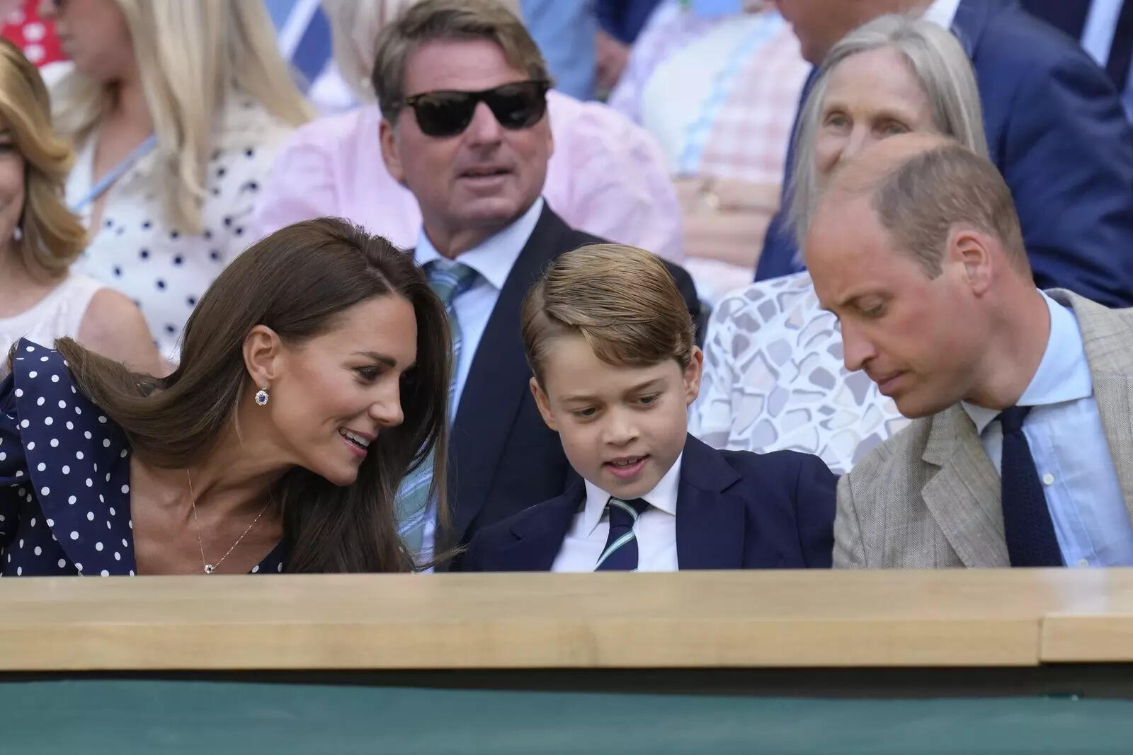 From left, Britain's Kate, Duchess of Cambridge, Prince George and Prince Willia...