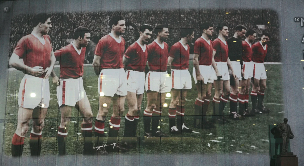 This giant mural outside Old Trafford next to the statue of Busby depicts the United team lining up at their European Cup game with Red Star Belgrade before the disaster at Munich airport on February 6, 1958. Their legacy will never be forgotten. Christopher Furlong/Getty Images Mancheter united