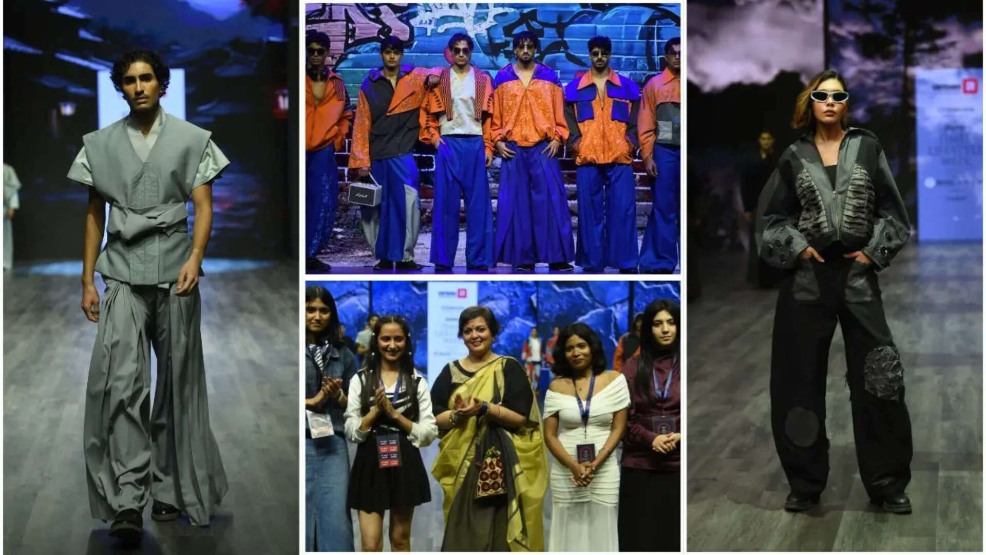 Showstopper Arshmeet Brar (L), Prof (Dr) Vaibbhavi Pruthviraj Ranavaade, Dean, Chitkara Design School, Chitkara University with student designers (bottom)