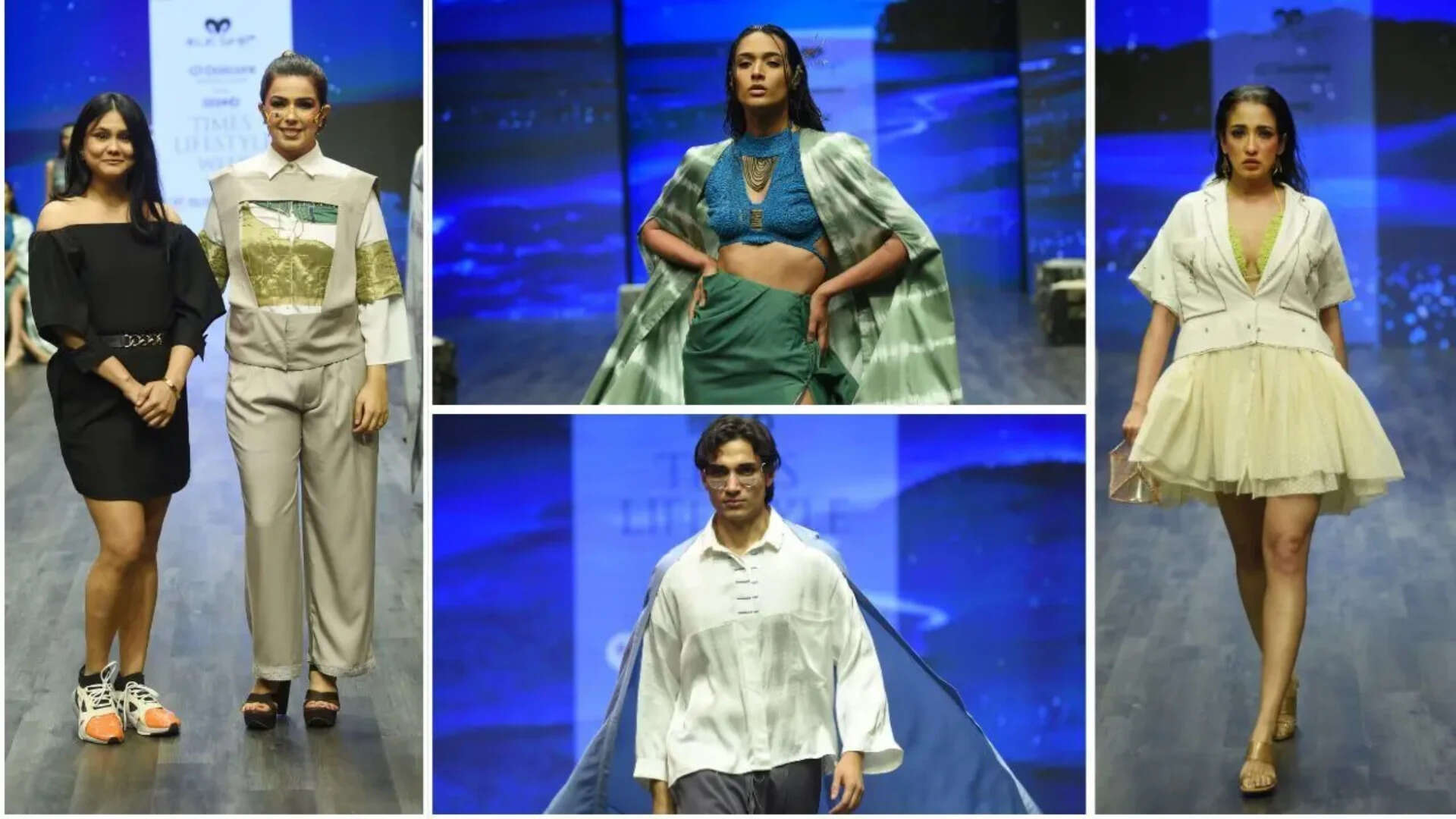 Designer Shivali Sahay (in black) used technological waste such as wires, motherboard pieces and circuit boards to create sustainable fashion pieces with fluid silhouettes. Richa Mehta (L) turned showstopper