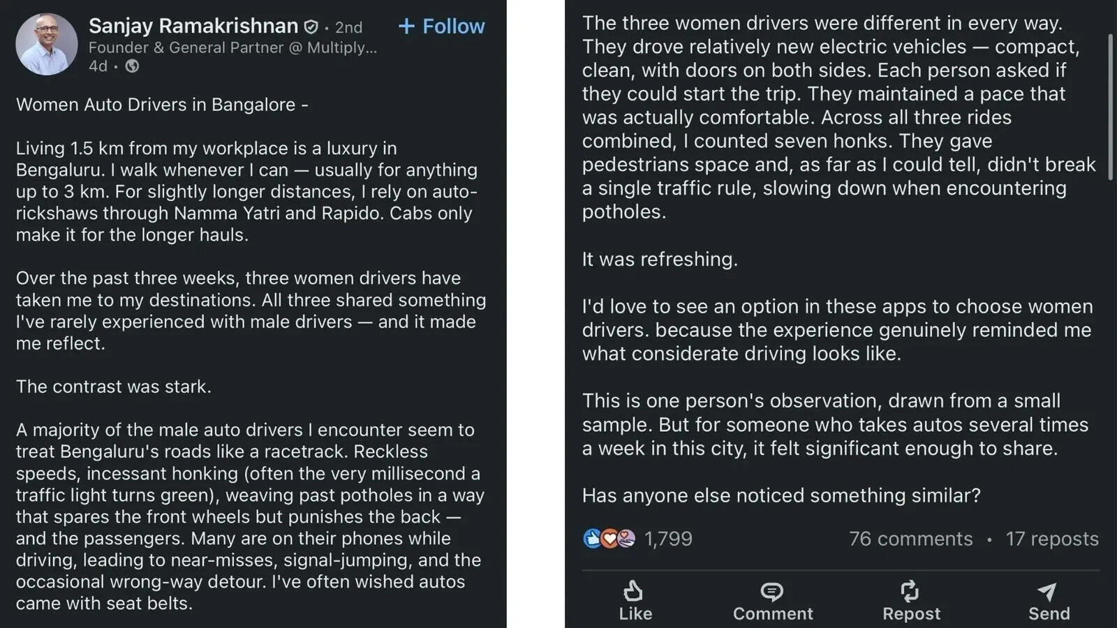 Bengaluru entrepreneur’s remark on women auto drivers triggers online debate