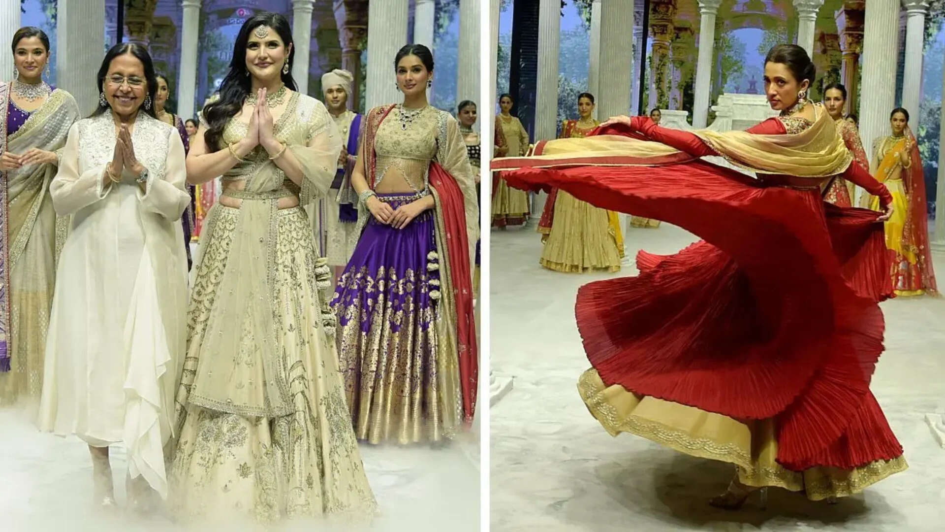 Designer Anju Modi and showstopper Zareen Khan (L), Iris Maity in Anju Modi's collection Chhavi (R )