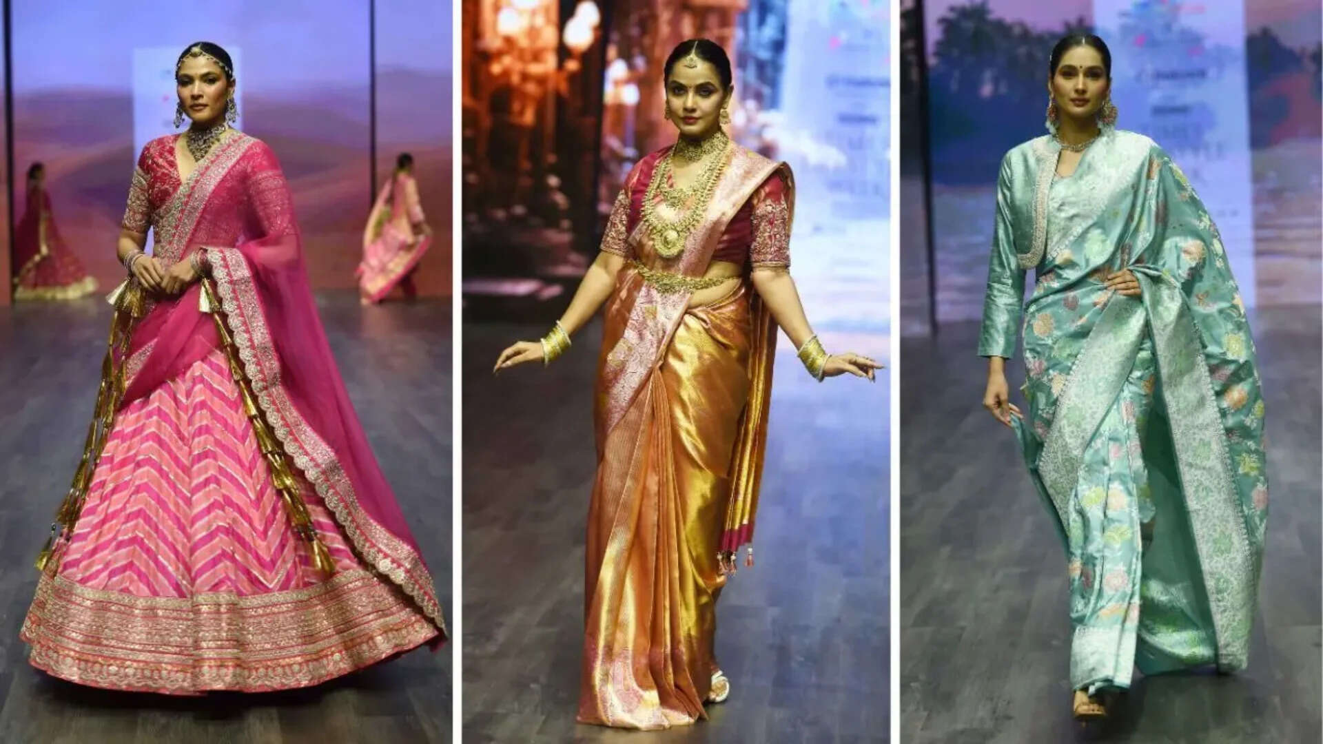 M3M Foundation X Jaipuri Banno highlighted Indian embroideries and fabrics as Neetu Chandra (C) turned showstopper in a kanjeevaram saree