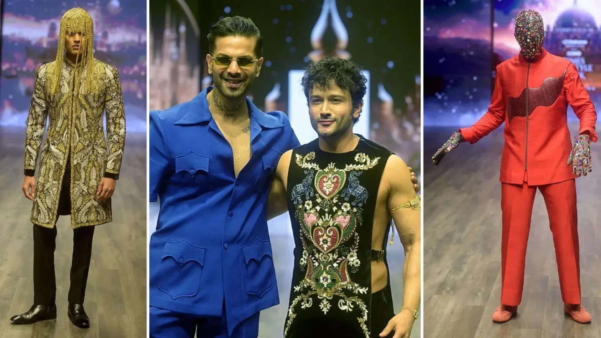 Harsh Khullar (in blue) reimagined regal Mughal ensemble from a sci-fi lens, Sahil Salathia (in black) turned showstopper in a bold outfit