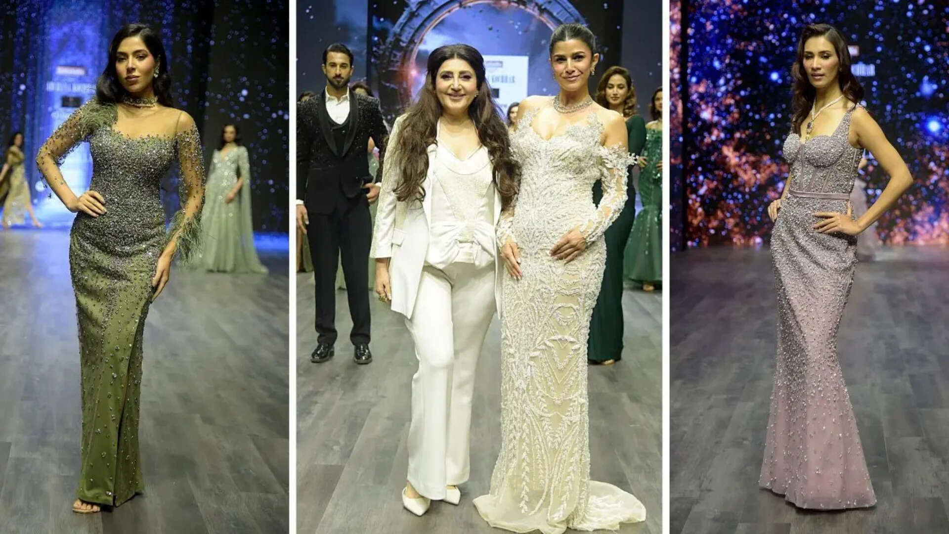 Showstopper Nimrat Kaur (C) in Archana Kochhar's embellished white gown Evelyn