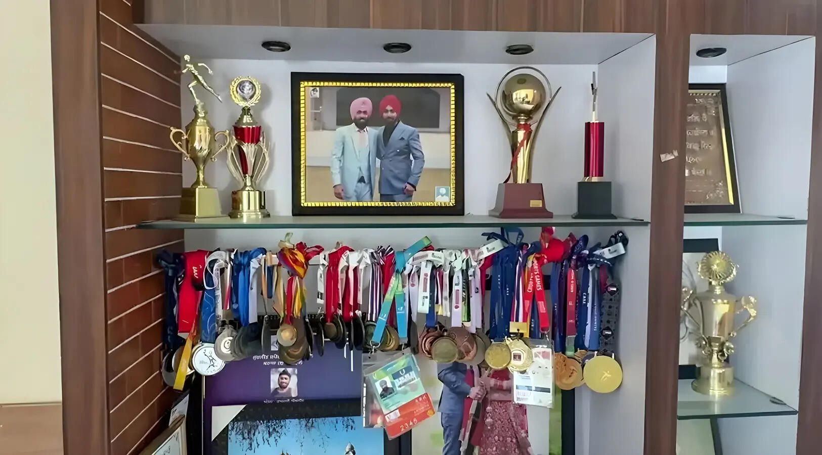 A view of awards and medals at Singh's residence.