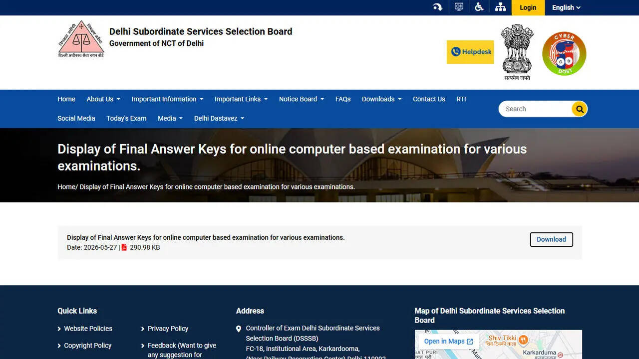 DSSSB Final Answer Key 2026 released for PGT, PRT and teaching examinations