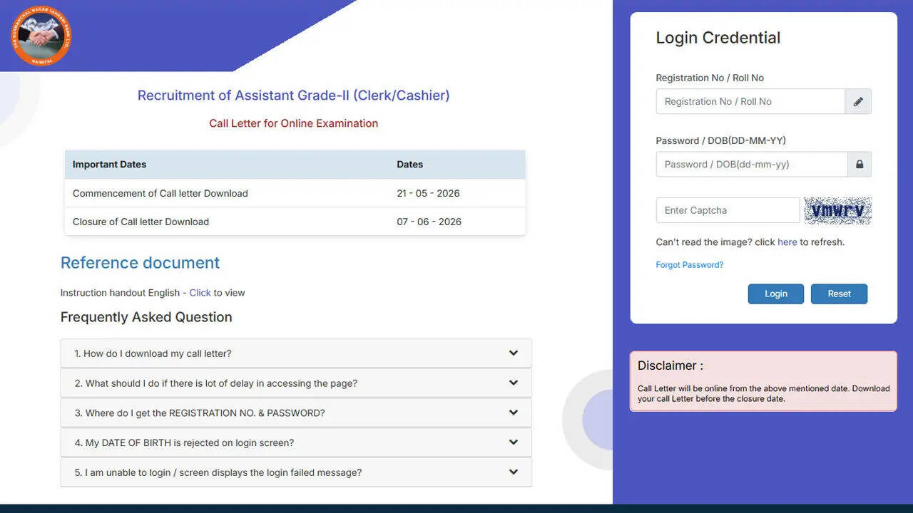 Kurmanchal Bank Clerk recruitment exam on June 7 for 60 Assistant Grade-II vacancies; download admit card here