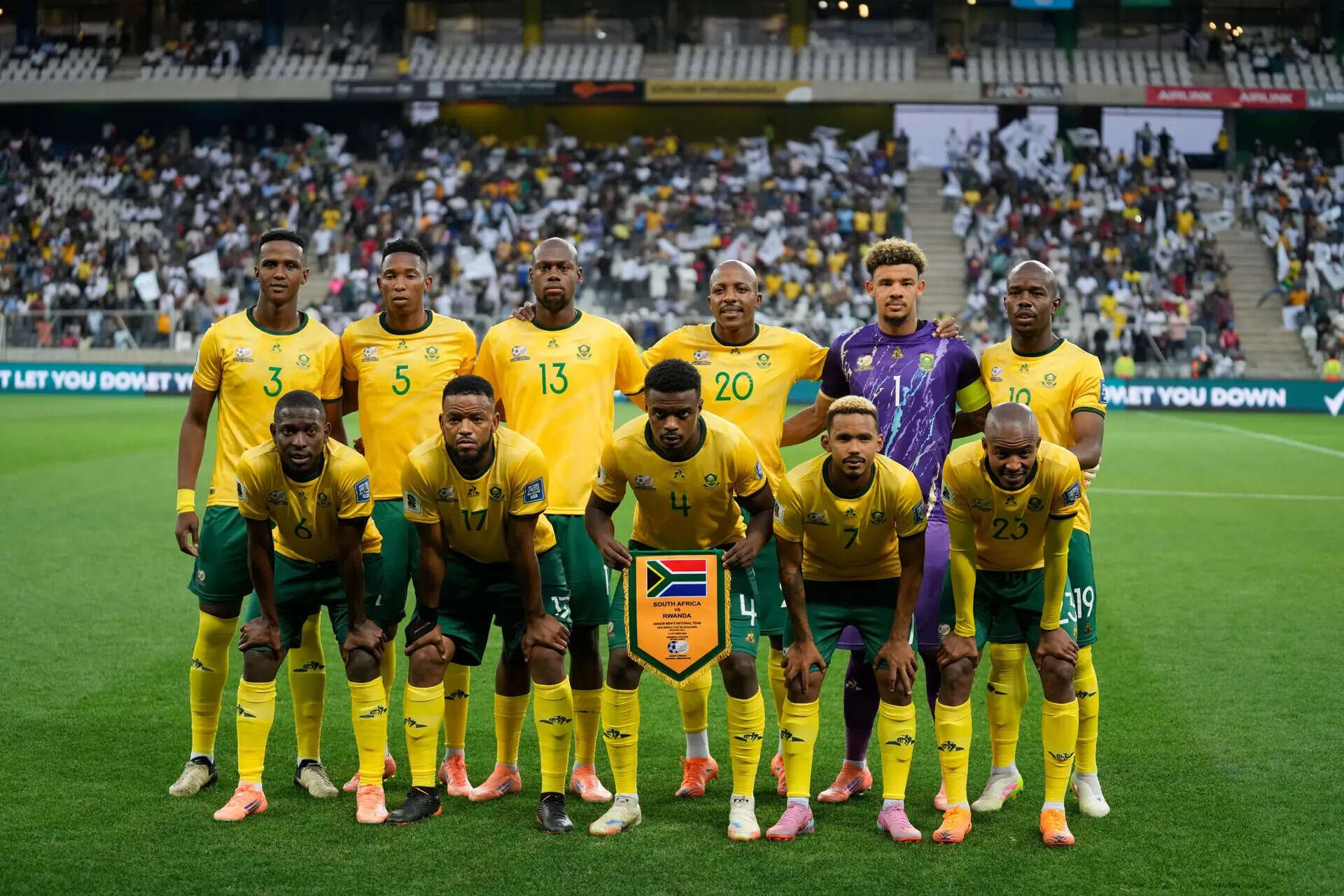 South Africa players pose before the start of a World Cup 2026 group C qualifying soccer match between South Africa and Rwanda at Mbombela Stadium, in Nelspruit, South Africa, Tuesday, Oct. 14, 2025. (AP Photo/Themba Hadebe) South Africa Rwanda WCup Soccer