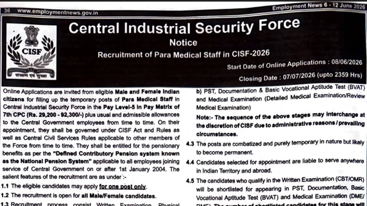 CISF ASI Paramedical Staff recruitment 2026 opens for Pharmacist, X-Ray Technician and Lab Technician posts; applications begin June 8