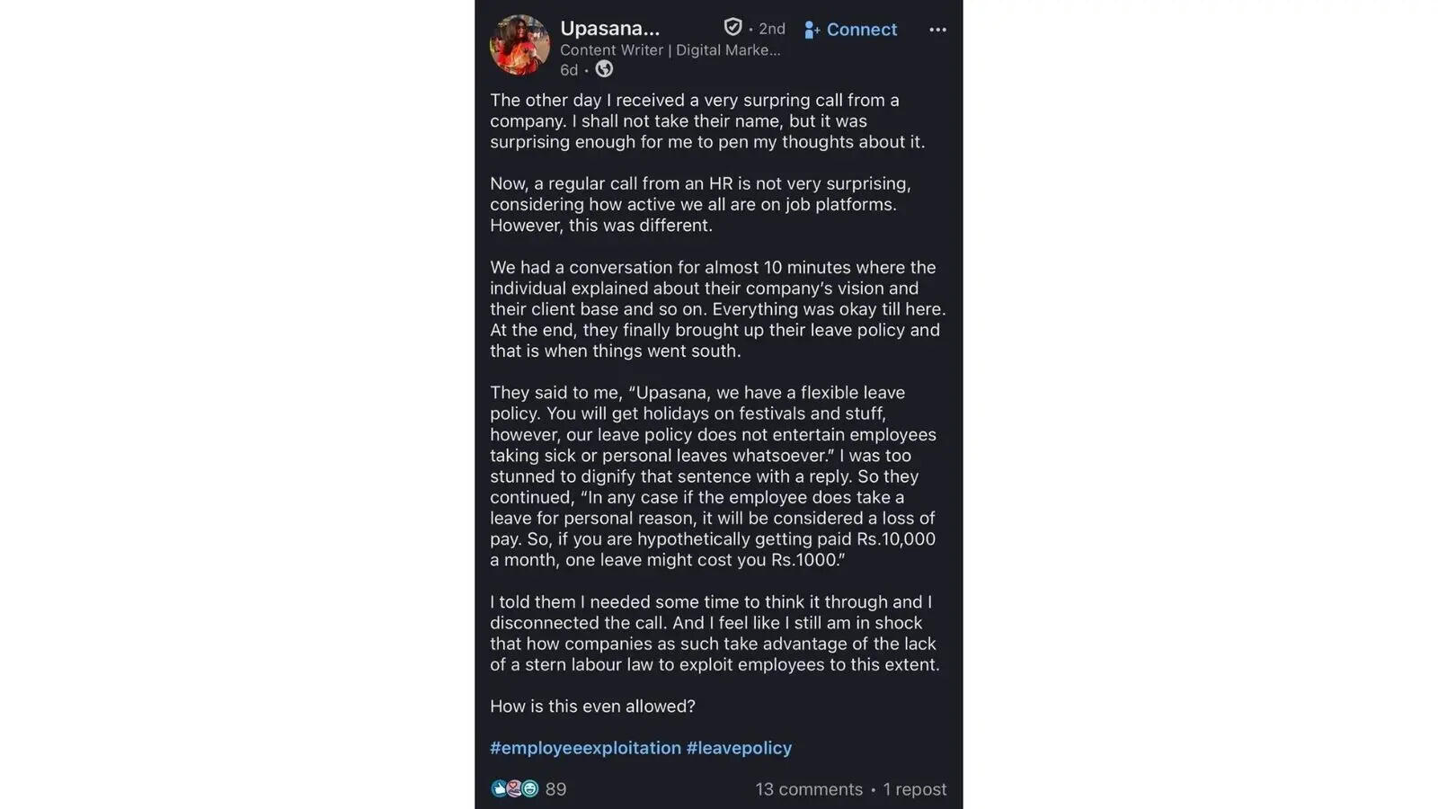 ‘No sick leave, no personal leave’: Woman claims HR said every sick day means pay cut; LinkedIn can't believe it