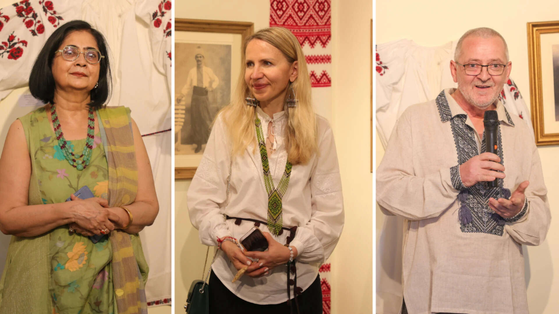 (L-R) Vasundhara Tewari Broota, Ukrainian ambassador's wife Katryna Bila, Slovenian ambassador Tomaž Mencin