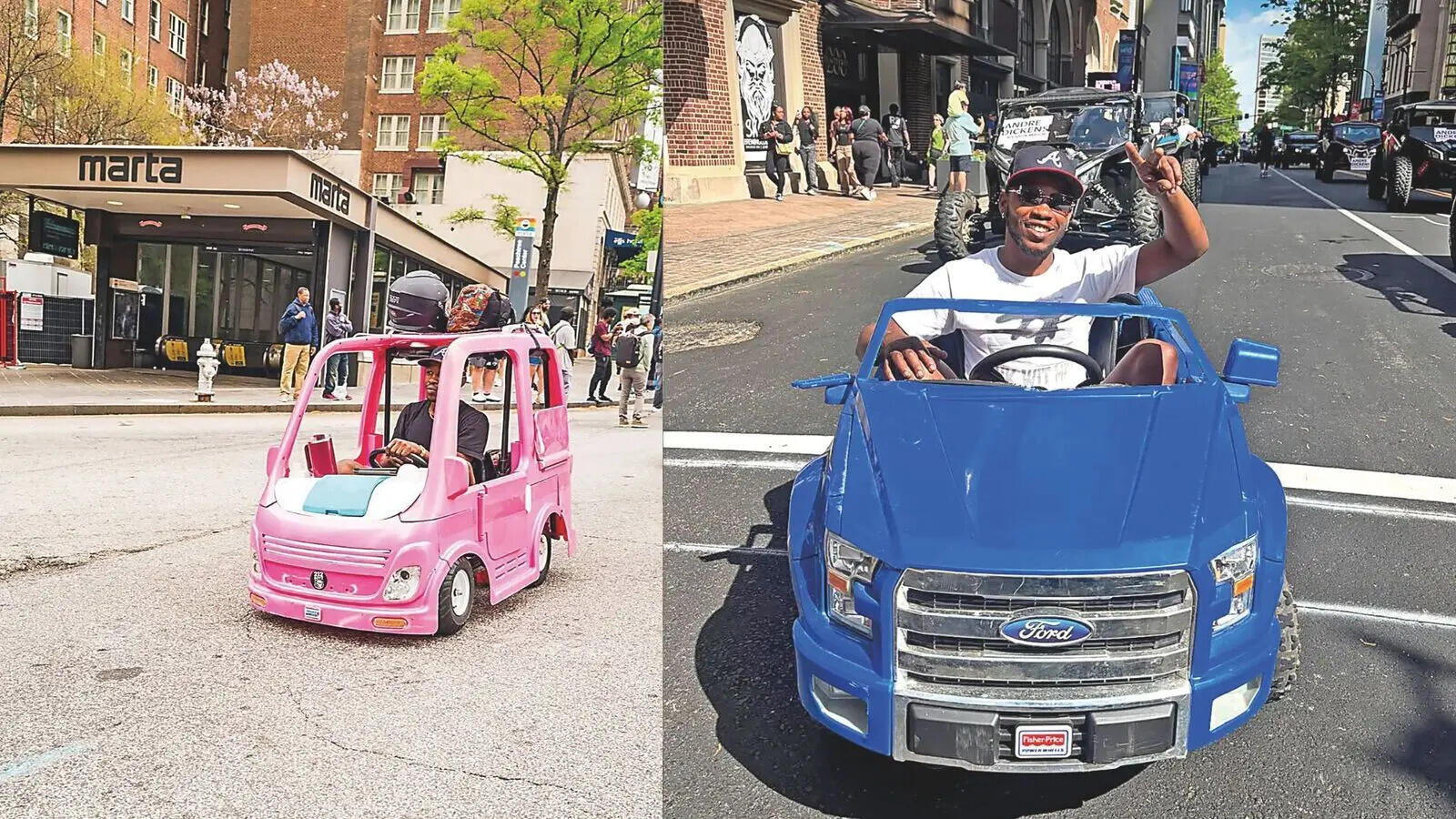 Mali Hightower on the streets in his new blue and pink plastic rides