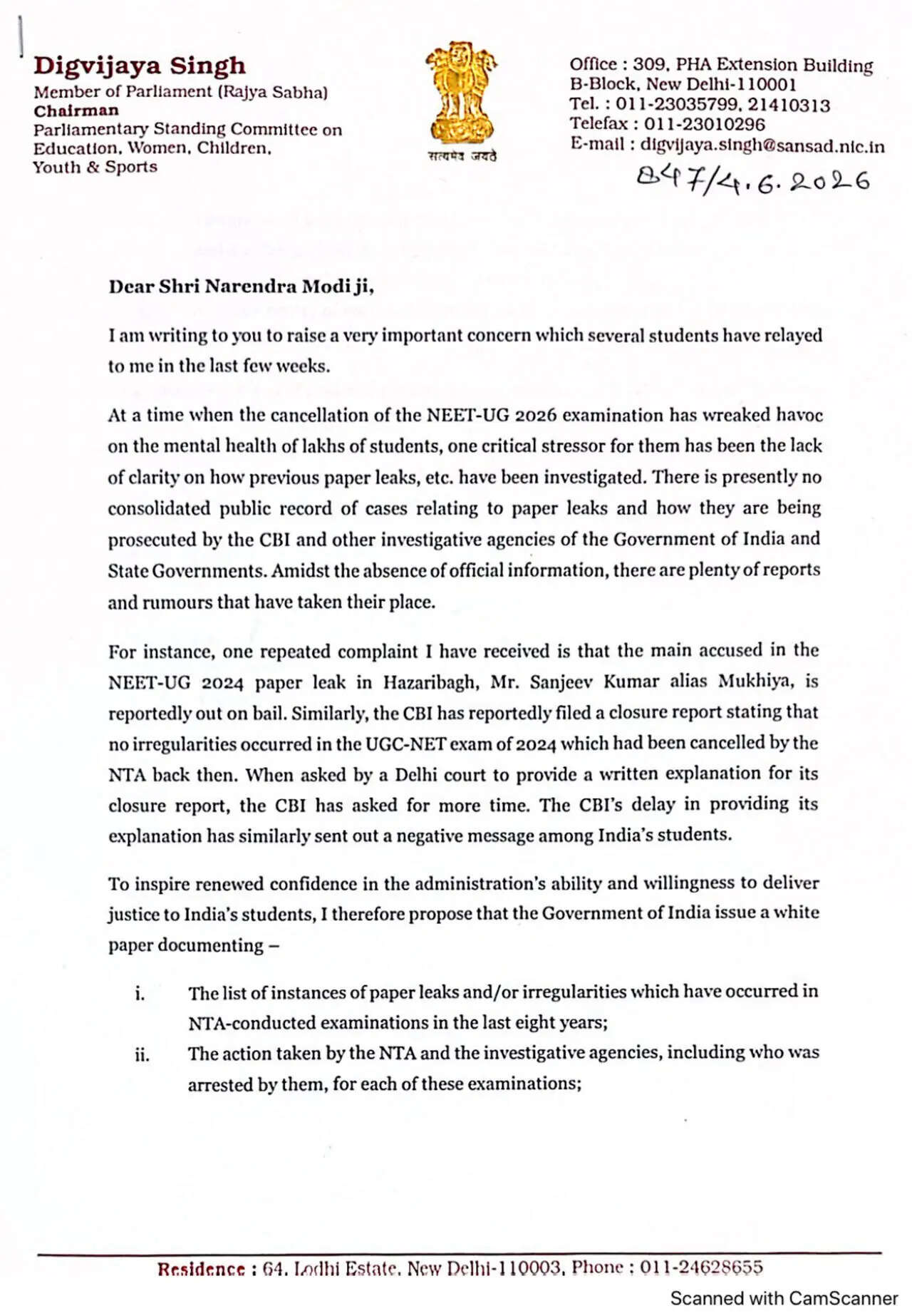 Congress MP flags NEET-UG 2026 concerns