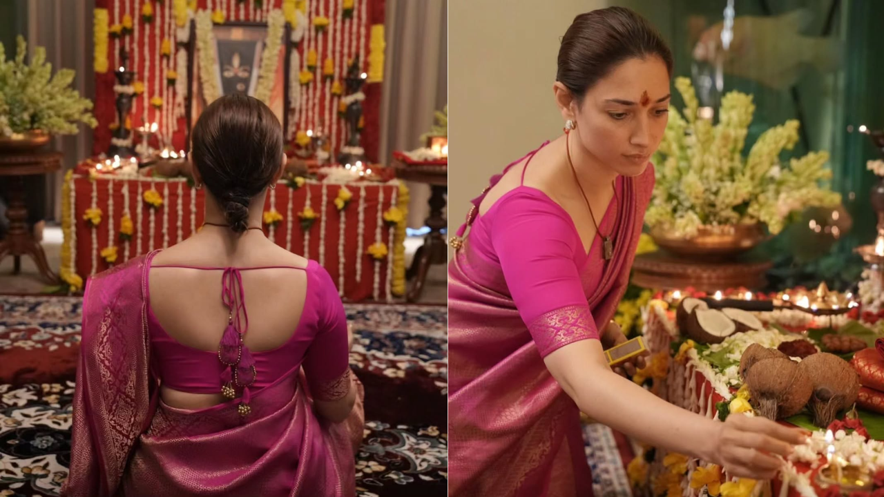Tamannaah Bhatia’s Pink Silk Saree for Devi Puja
