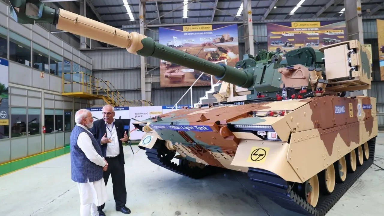 PM Modi inspects indigenous defence systems at Surat facility, briefed about desi light tank Zorawar