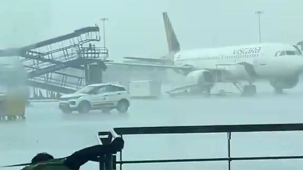 Watch: Indigo stepladder crashes into parked Air India aircraft at Delhi airport during sudden storms