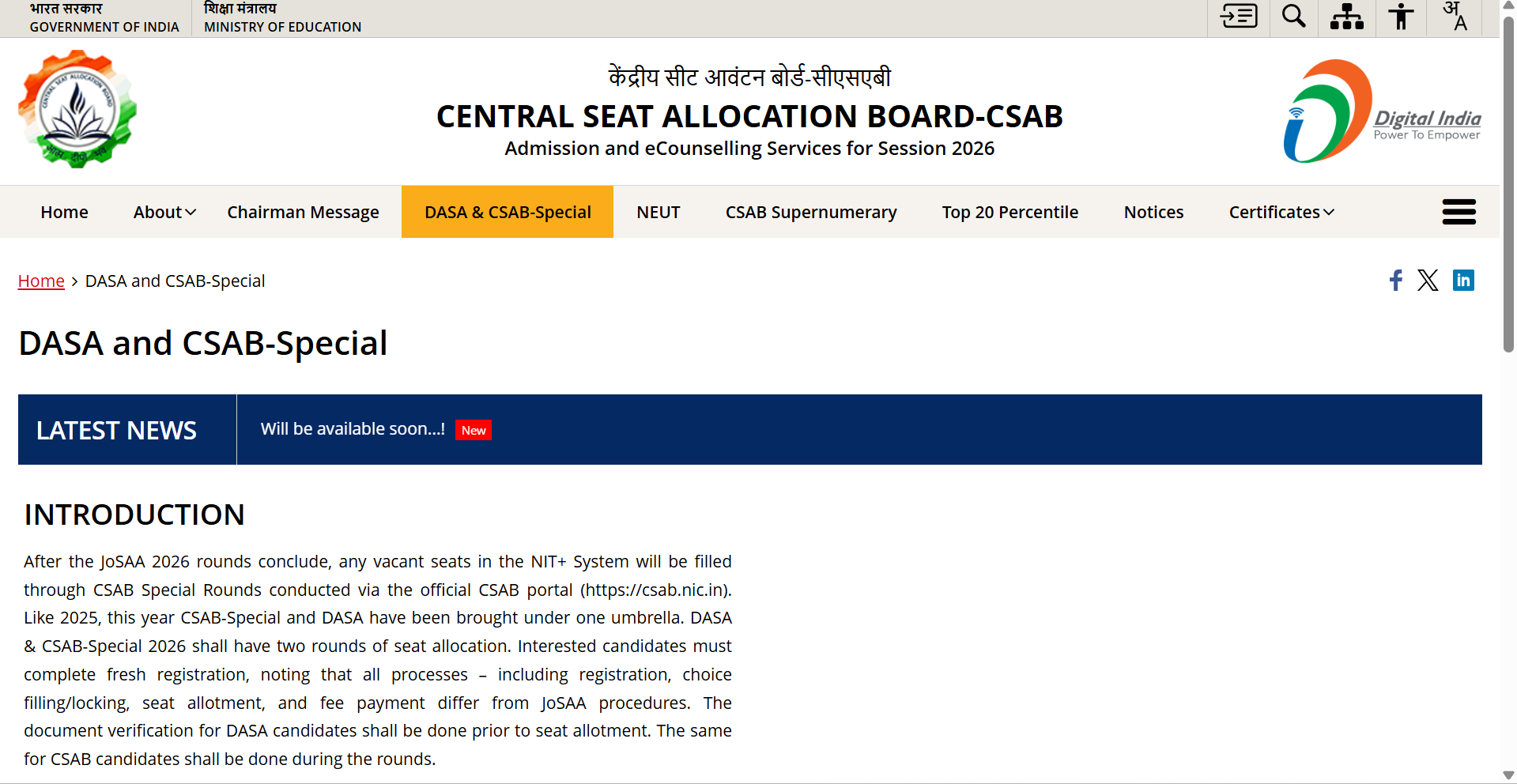 DASA UG, CSAB special round counselling 2026 dates out: Check complete schedule here