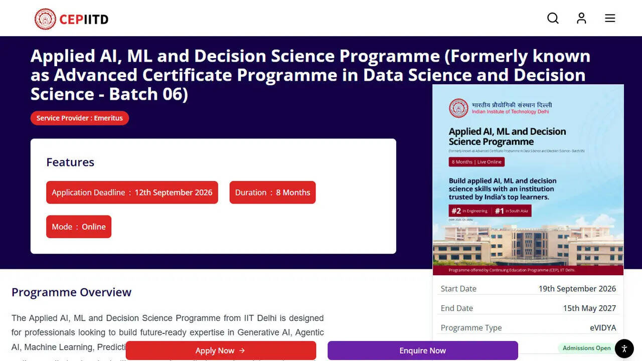 IIT Delhi opens admissions for online Applied AI, ML and Decision Science course 2026