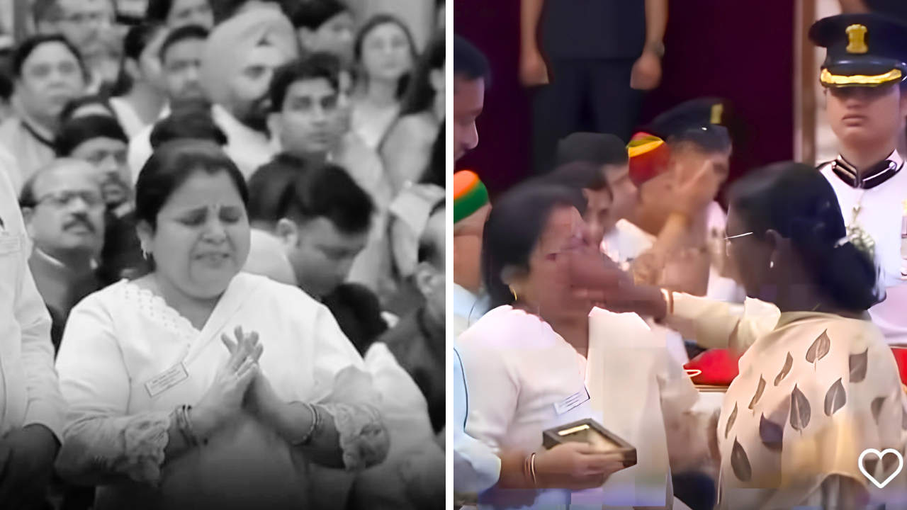 President of India Droupadi Murmu wiping tears of Lieutenant Shashank Tiwari's mother.