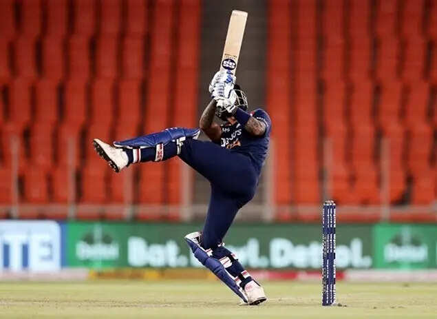 Facing his first ball in T20Is, from Jofra Archer in Ahmedabad, Suryakumar nonchalantly played a one-legged ramp hook.