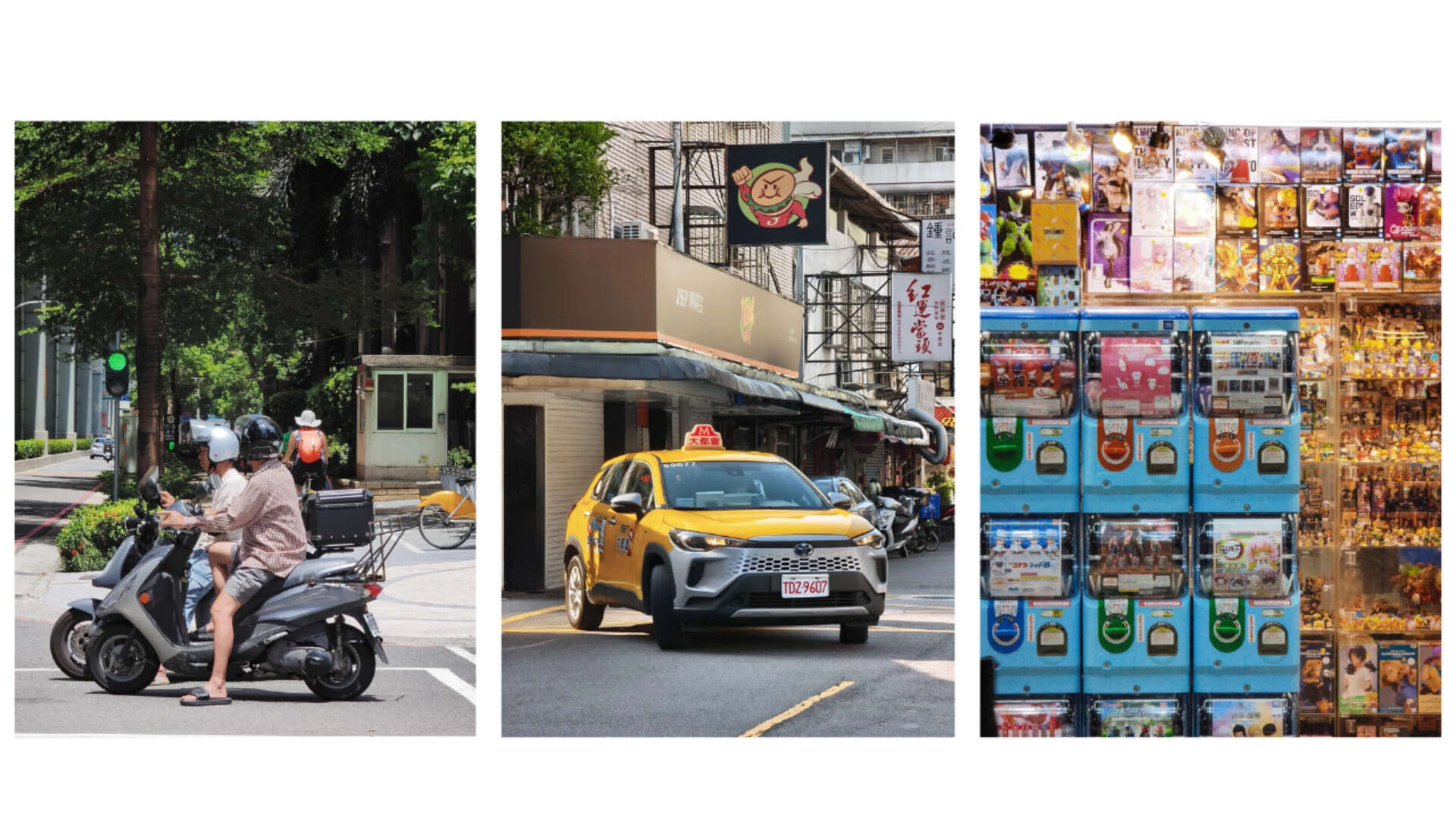 Three frames from the Xiaomi 17T's 5x telephoto, all shot without stepping closer a passing taxi, two riders idling at a light, and a wall of gachapon machines under messy indoor light.
