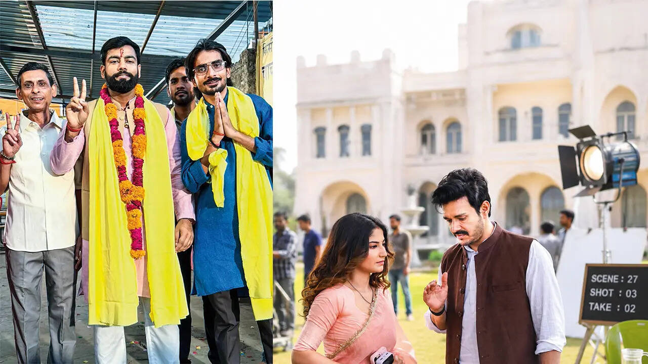 Kapil Kanpuriya along with other local actors during the shoot and (right) Aniruddh Dave and Angel Rai shooting for their show on Sitapur Road