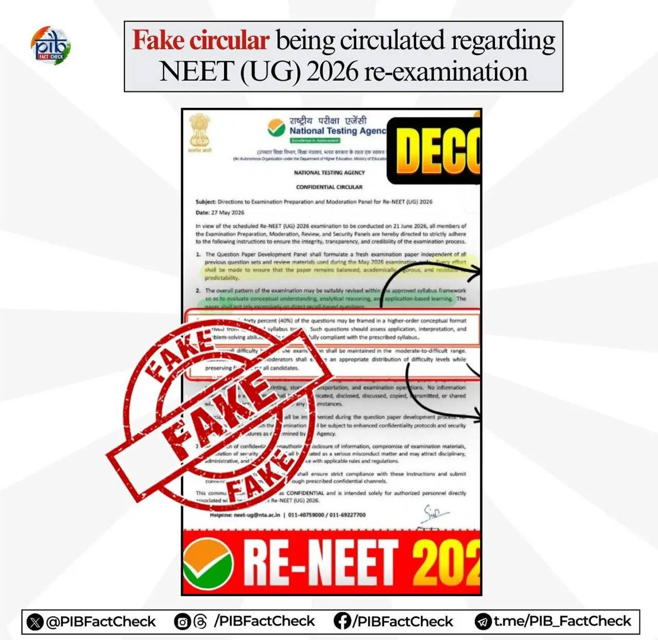 PIB debunks fake NEET UG 2026 circular claiming tougher paper before June 21 exam