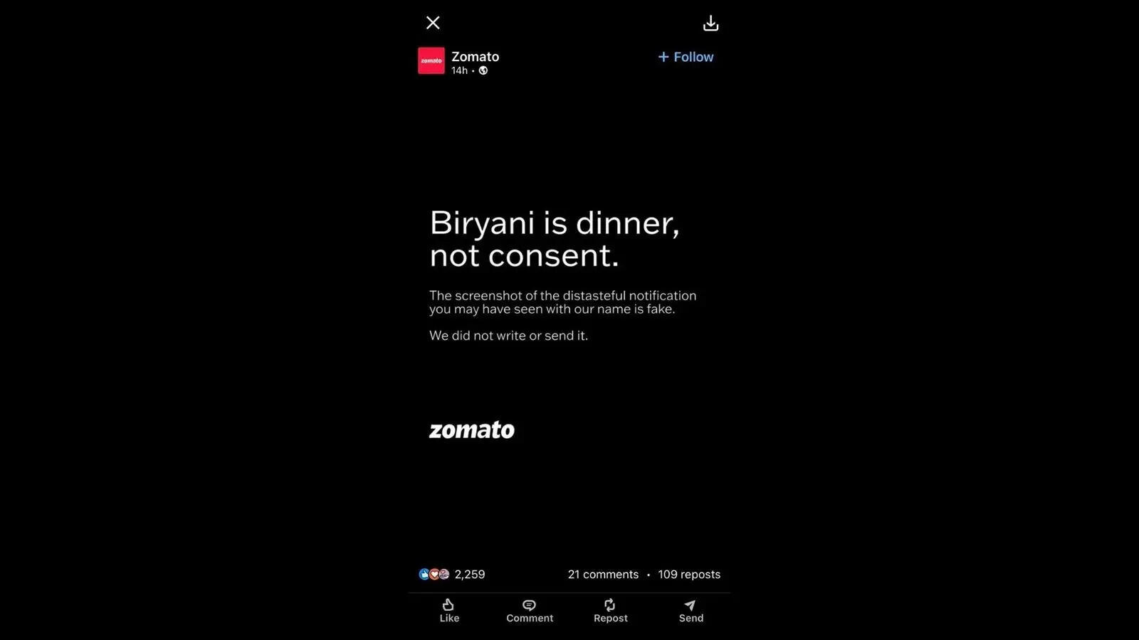 Zomato clarifies viral notification is fake