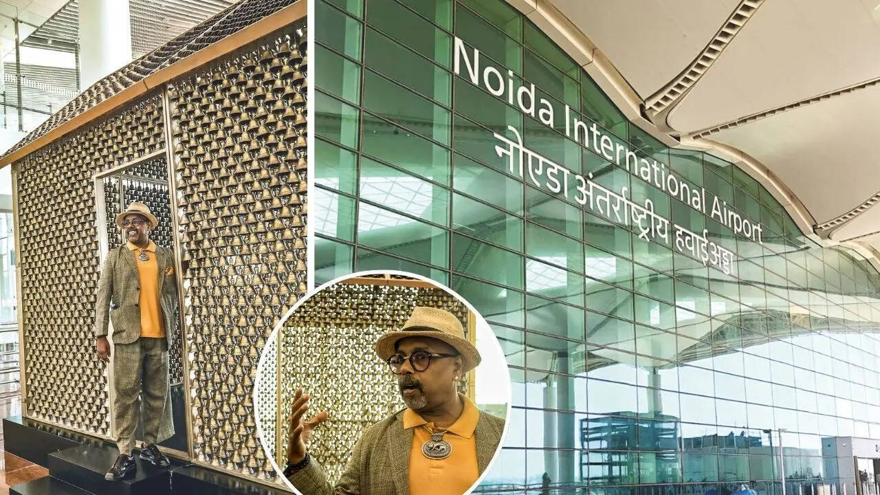 A 12-and-a-half-foot immersive installation Mystic Abode, featuring over 8,000 brass bells, stands tall near the boarding gate