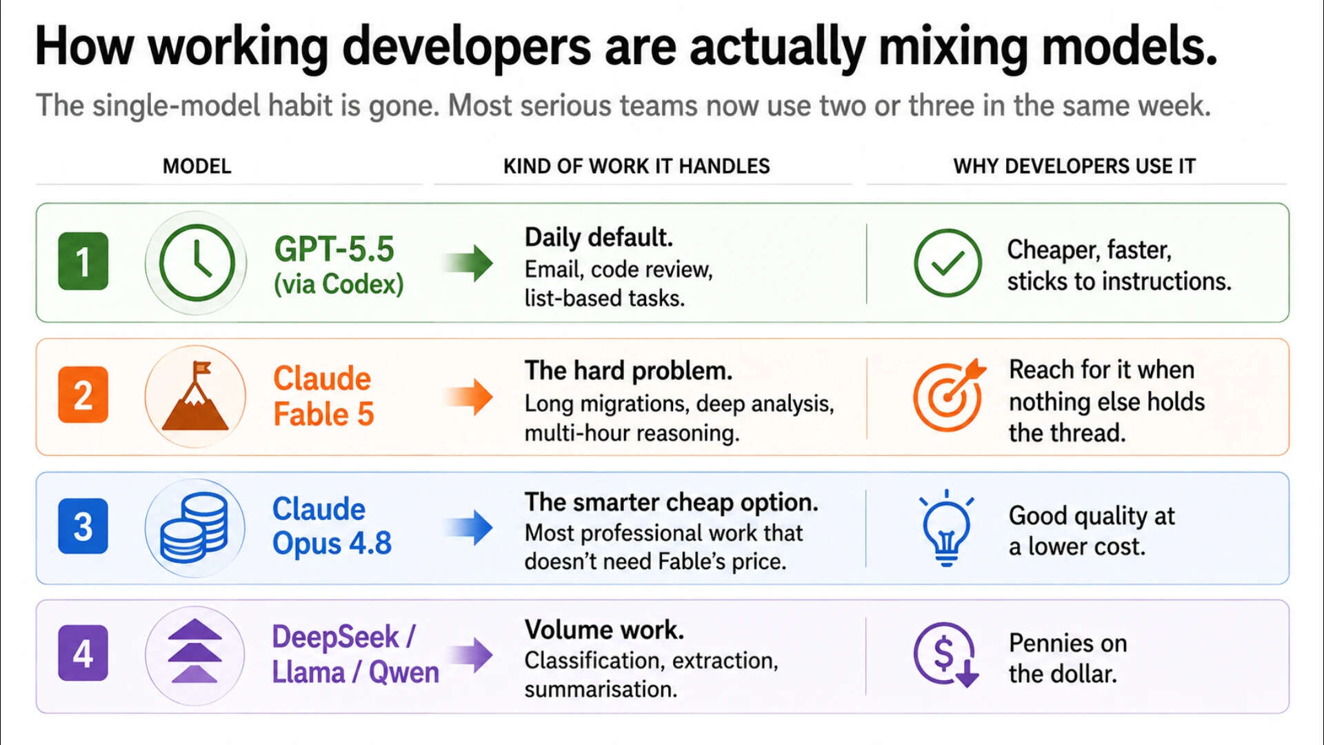 ChatGaMost working developers are no longer relying on a single AI model. The routine that has settled in across teams uses GPT-5.5 for daily work, Fable for the hardest problems, Opus when Fable's price stops making sense, and cheaper open-source models for routine, high-volume tasks.PT Image Jun 12, 2026, 04_32_52 PM