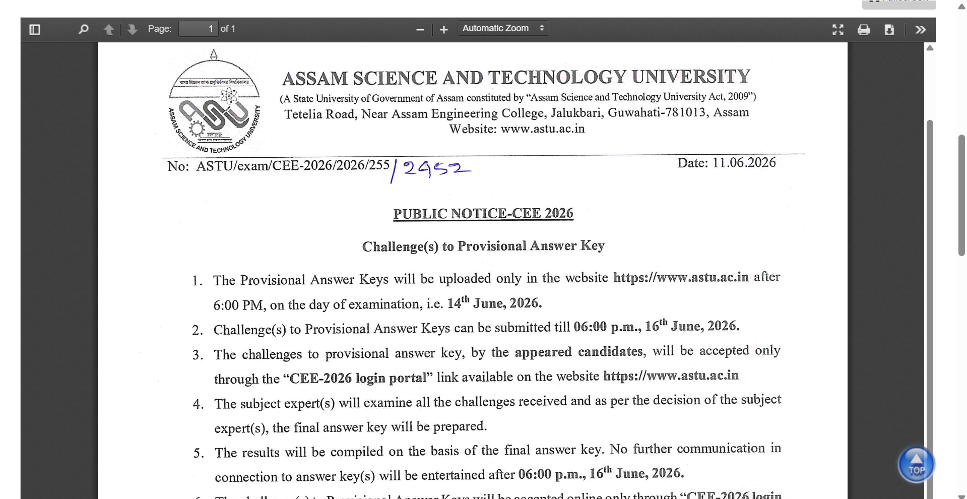 Assam CEE 2026 answer key to be released tomorrow at astu.ac.in: Check objection details