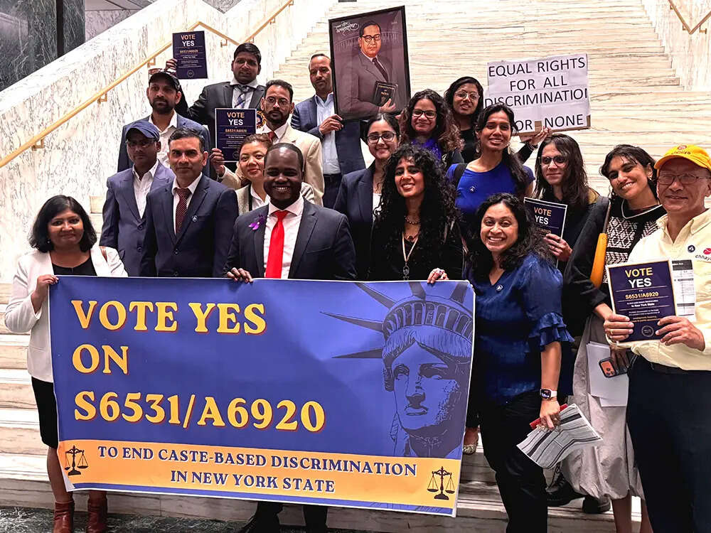 The New York campaign grew out of a 2018 case filed by Swati Sawant (first from left), a Dalit immigration attorney
