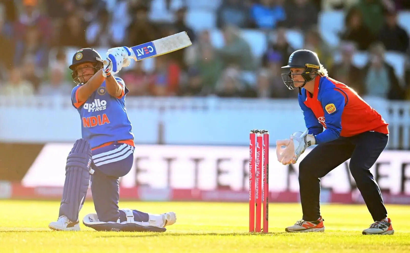 Harmanpreet Kaur plays a shot as Amy Jones of England keeps during the 3rd Women's IT20 match between at The Cooper Associates County Ground on June 02, 2026 in Taunton, England. (Photo/Getty Images)