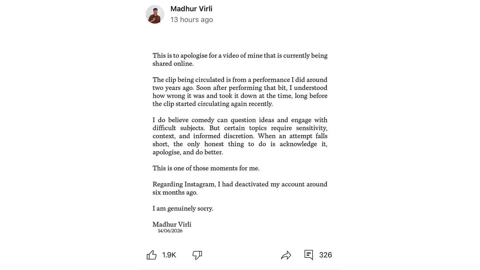 Madhur Virli apologizes over resurfaced stand-up clip