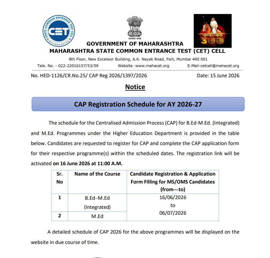 MHT CET CAP counselling 2026 registration schedule out at cetcell.mahacet.org: Check dates, list of required documents