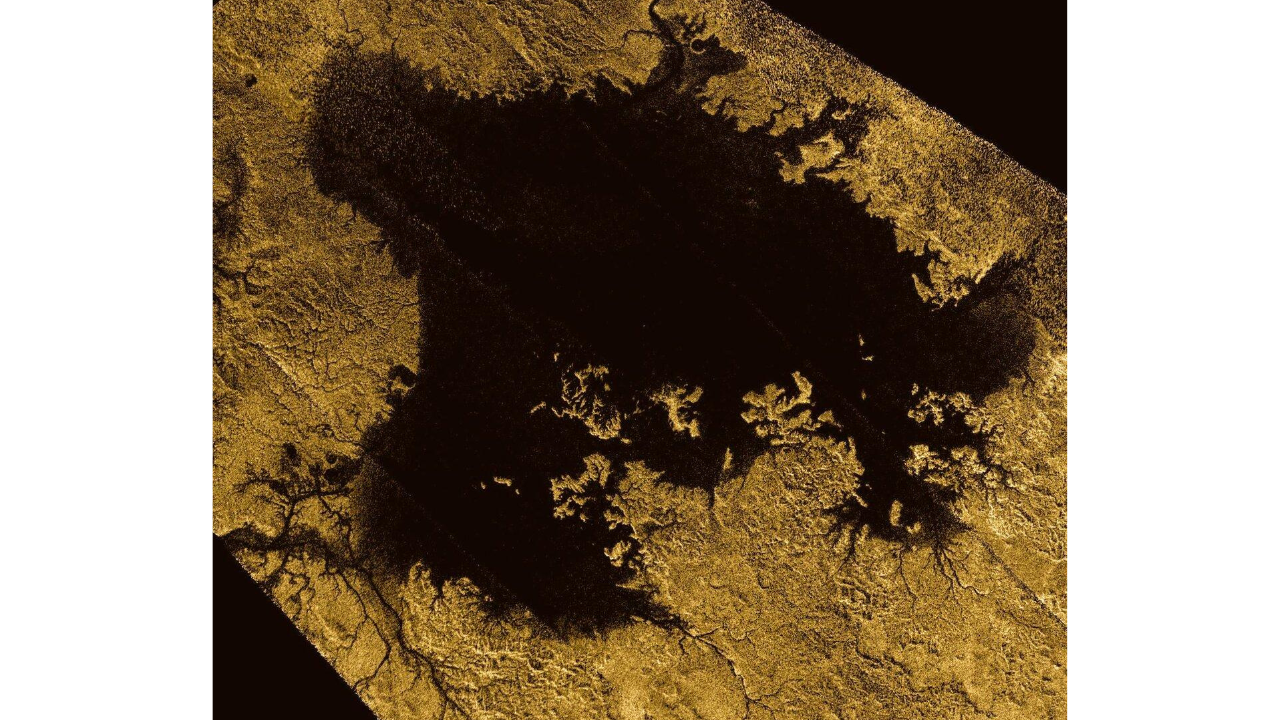 Radar observations from NASA's Cassini spacecraft revealed large lakes and seas of liquid methane and ethane near Titan's poles.