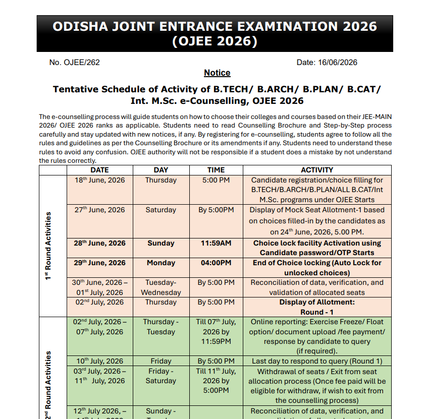 OJEE counselling 2026 schedule out: Round 1 registration, choice filling begins tomorrow at ojee.nic.in