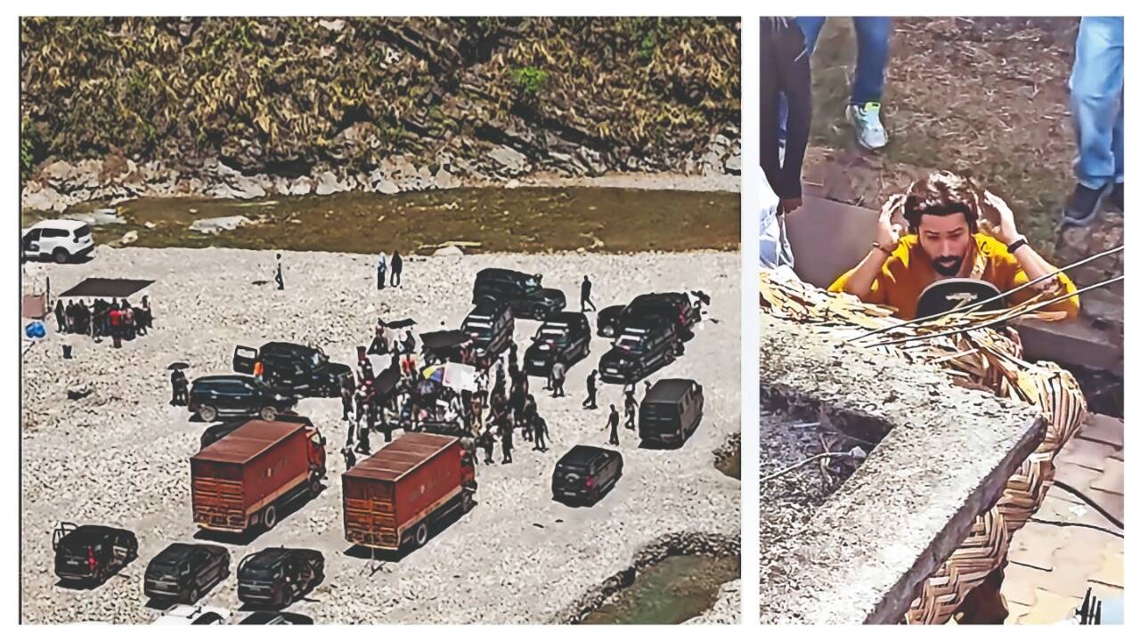 (L) The film unit stationed at a riverside location during the shoot (R) A glimpse of the action being filmed around the well