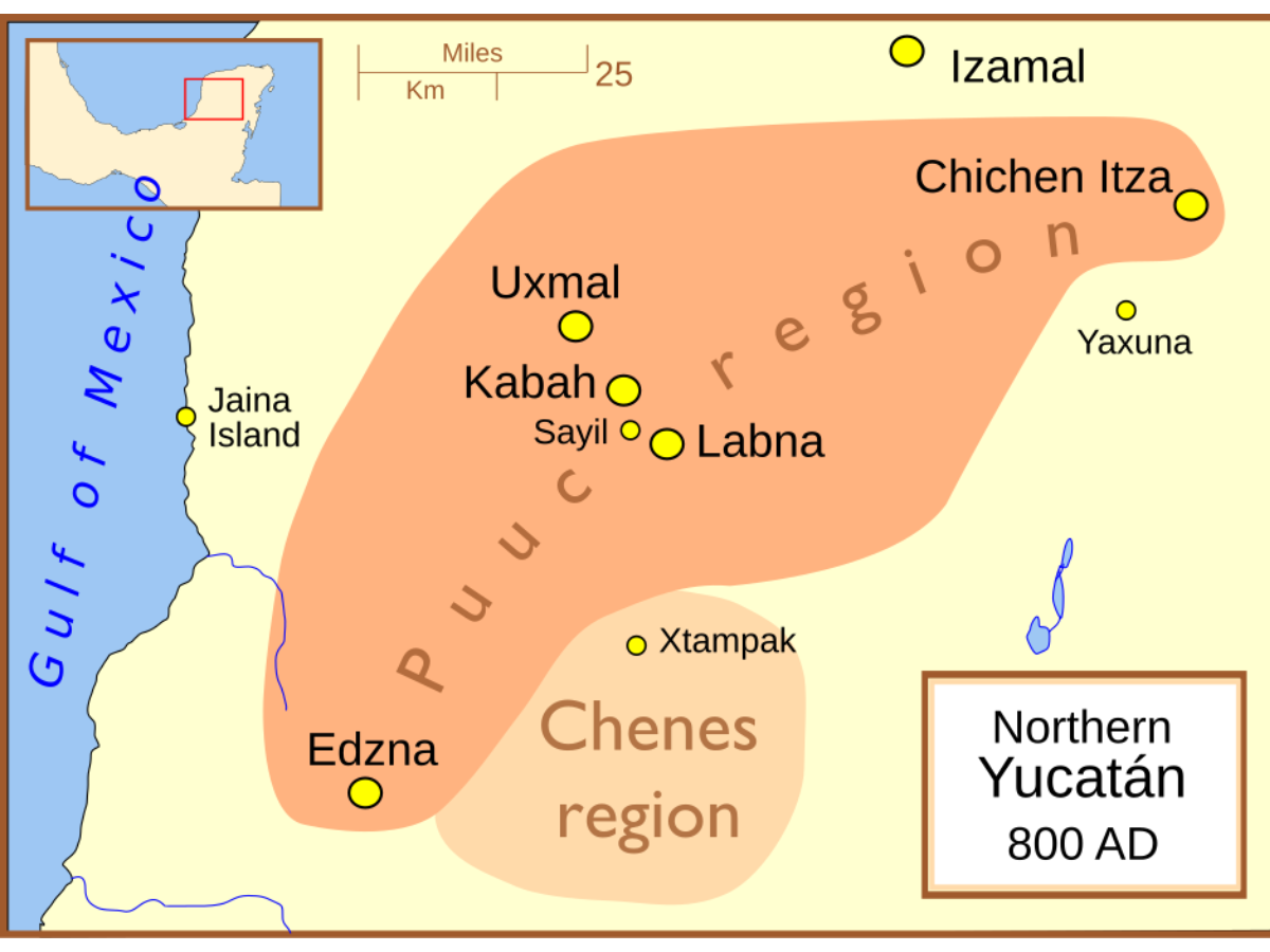 A map showing the major Maya sites and regions of the northern Yucatán