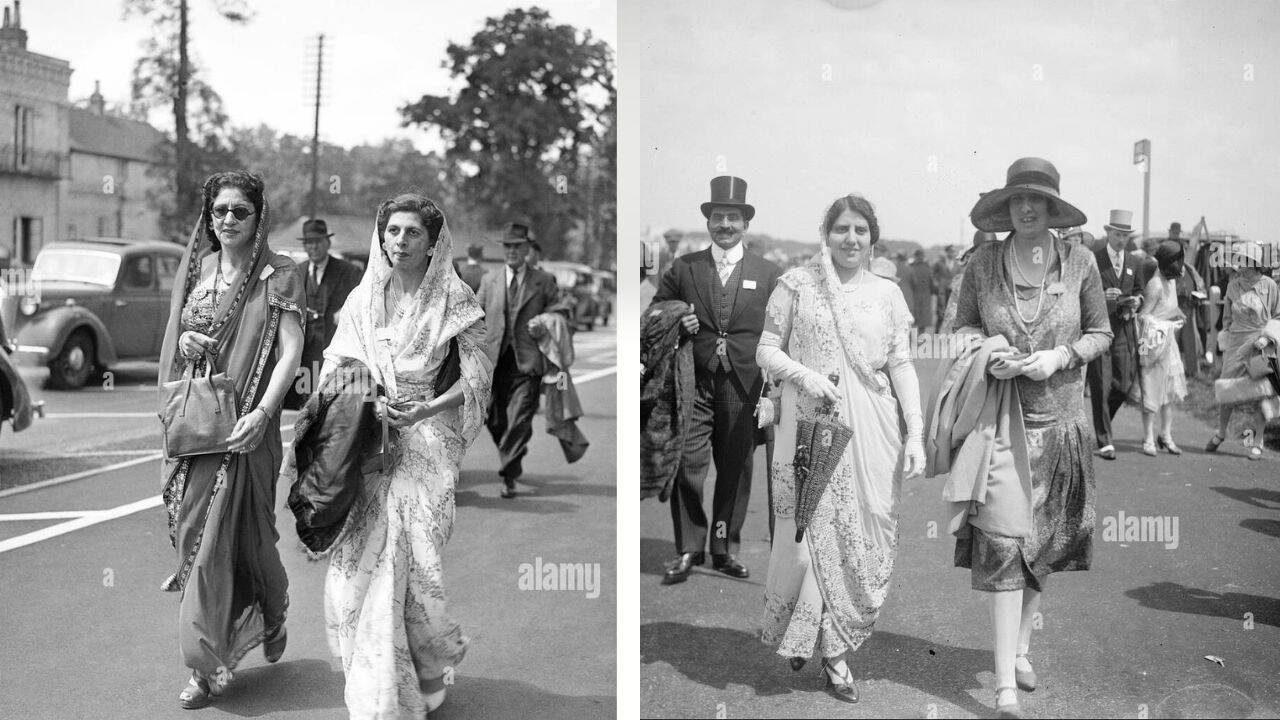(Left) Indian women in saris at Royal Ascot in 1947​; (right) ​Lady Bomanji at the Royal Ascot in 1926