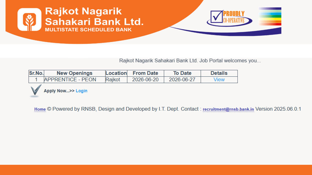 RNSB Apprentice Peon recruitment 2026: Apply online at jobs.rnsb.bank.in for Rajkot vacancies before June 27