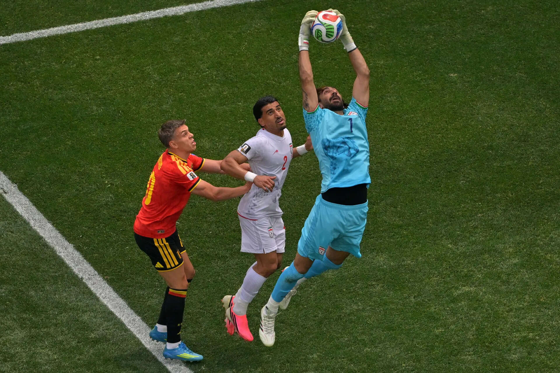 Iran goalkeeper Alireza Beiranvand (1) saves during the World Cup Group G soccer match between Belgium and Iran in Inglewood, Calif., near Los Angeles, Sunday, June 21, 2026. (AP Photo/Jayne Kamin-Oncea) Spain’s Yamal and Oyarzabal shine against Saudi Arabia, and other World Cup highlights, in photos