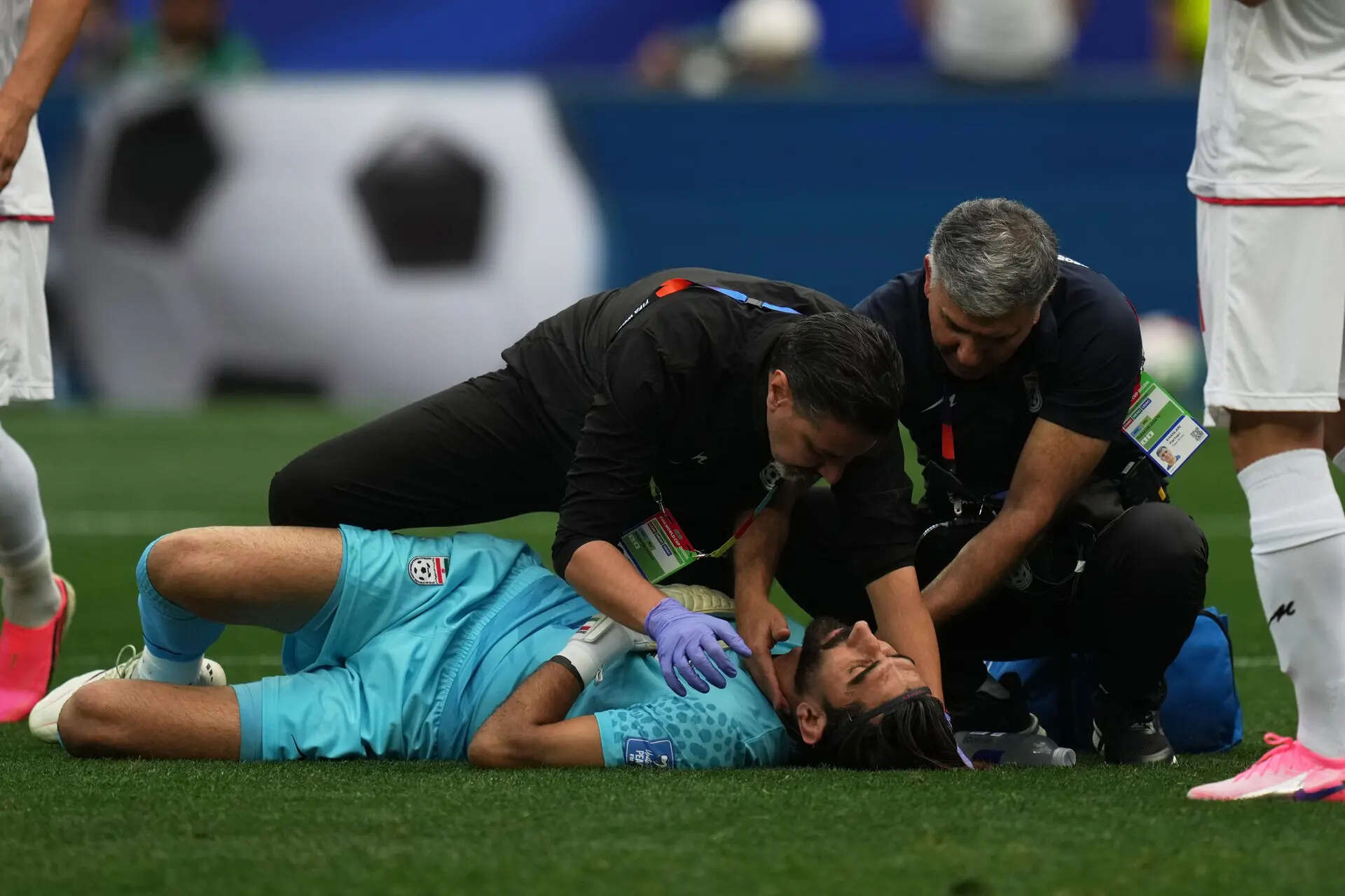 Iran goalkeeper Alireza Beiranvand receives medical assistants during the World Cup Group G soccer match between Belgium and Iran in Inglewood, Calif., near Los Angeles, Sunday, June 21, 2026. (AP Photo/Andre Penner) Spain’s Yamal and Oyarzabal shine against Saudi Arabia, and other World Cup highlights, in photos