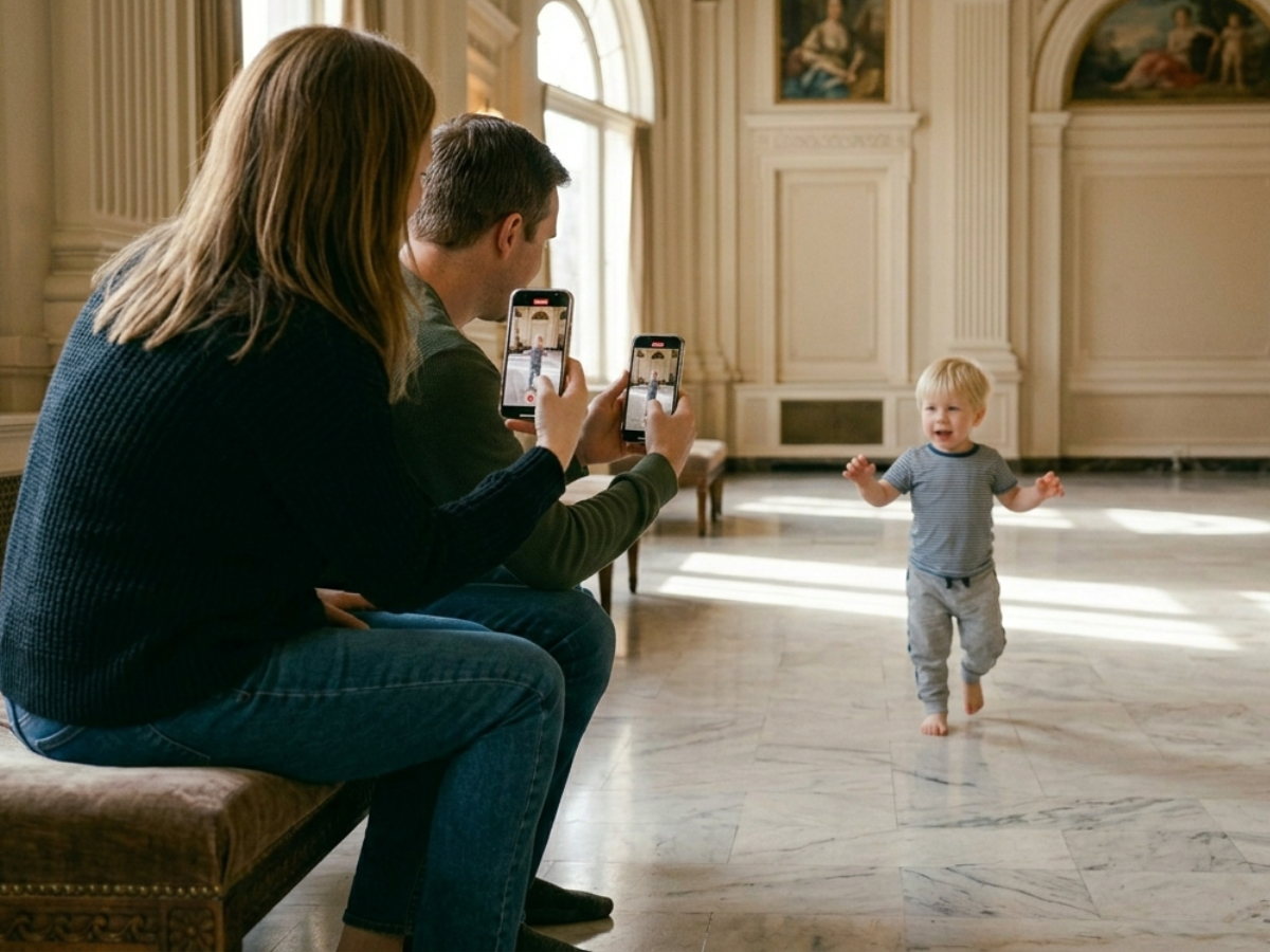 The parents holding smartphones clearly positioned to record baby's walking motion