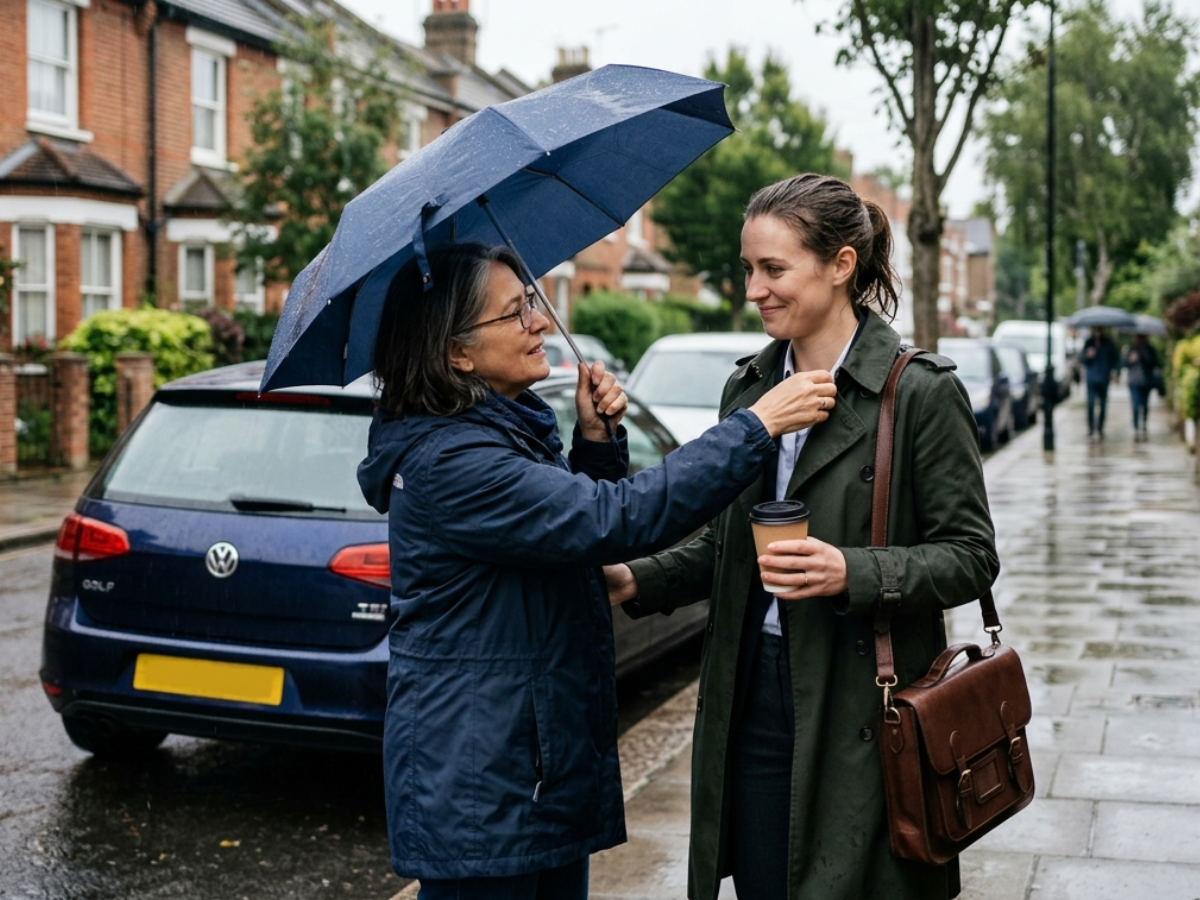 A middle-aged parent is gently offering an umbrella