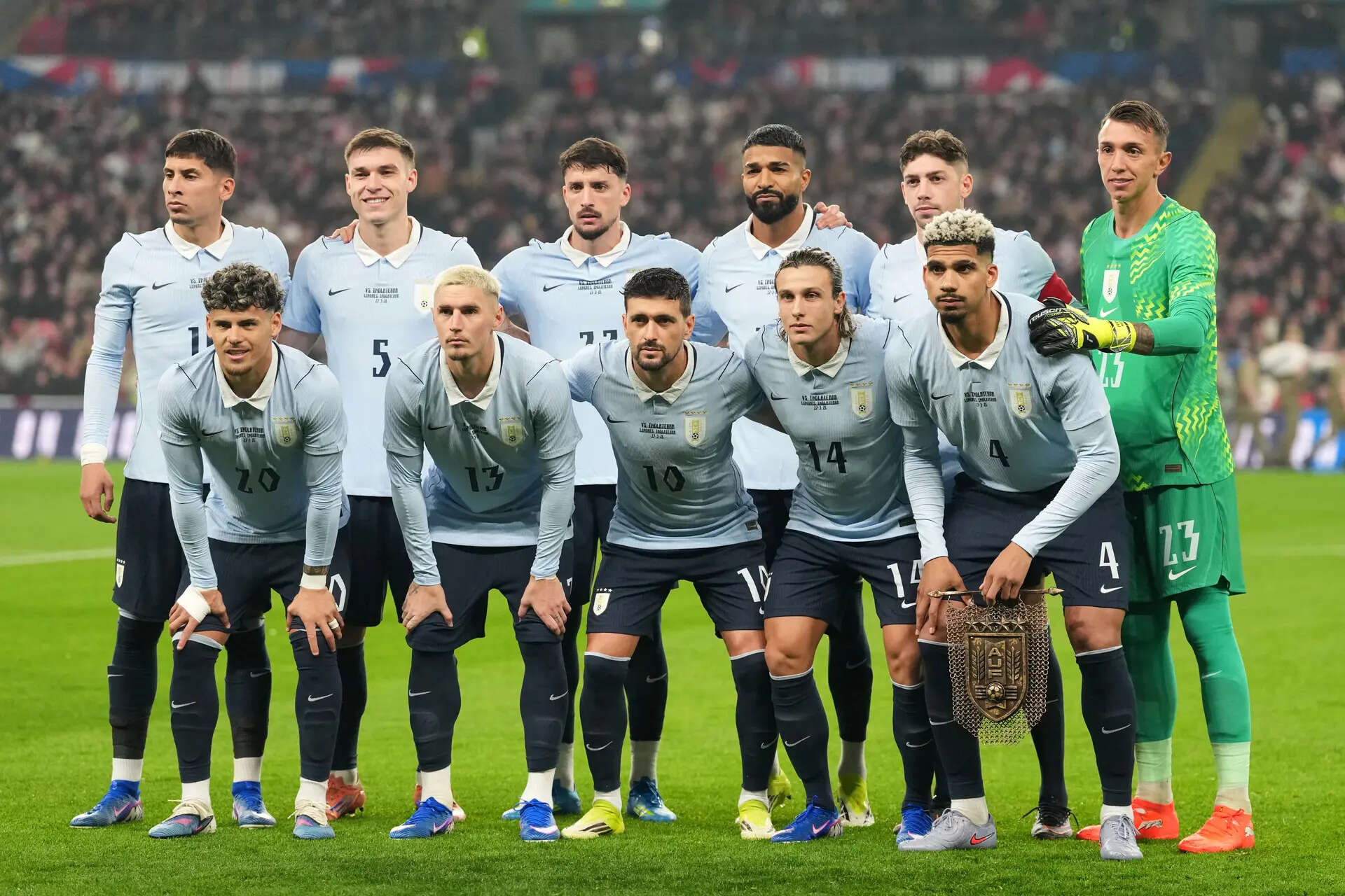 FILE - Uruguay players pose for team photo before the international friendly soccer match between England and Uruguay in London, Friday, March 27, 2026. (AP Photo/Alastair Grant, File) WCup Uruguay Soccer