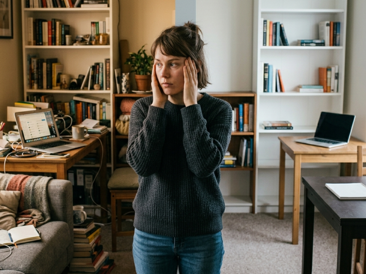 A softly cluttered home office with scattered objects