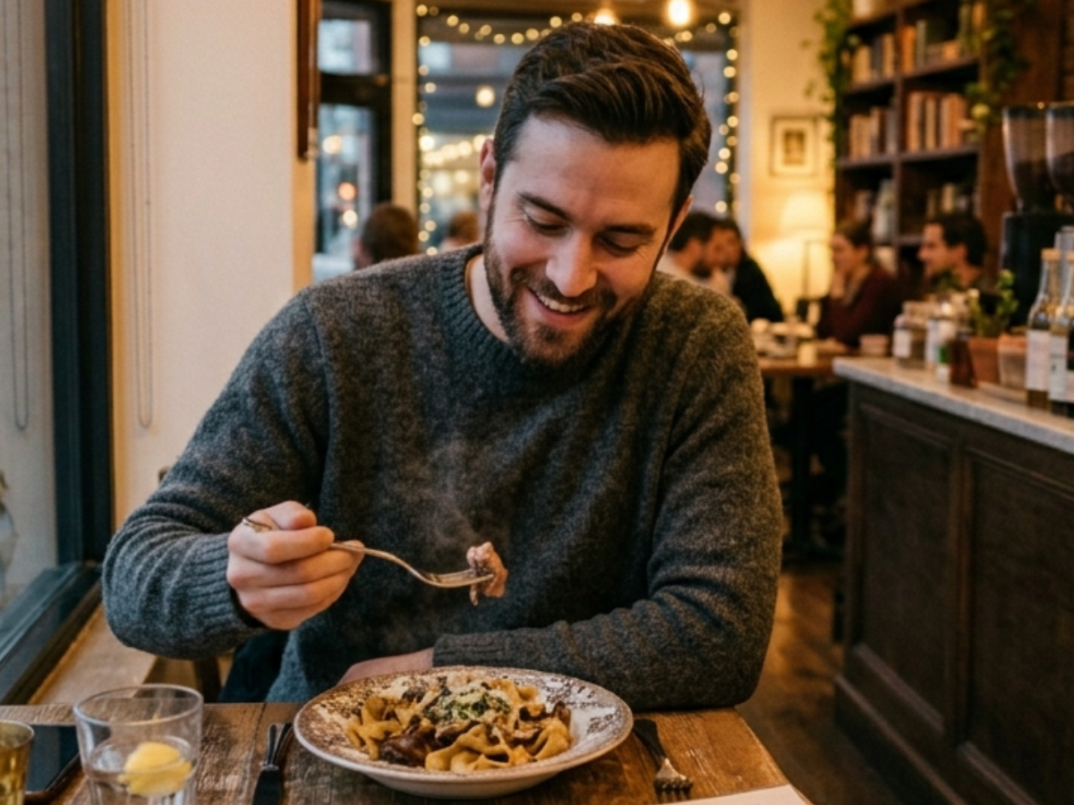 A man enjoying his favorite dish at his favorite cafe