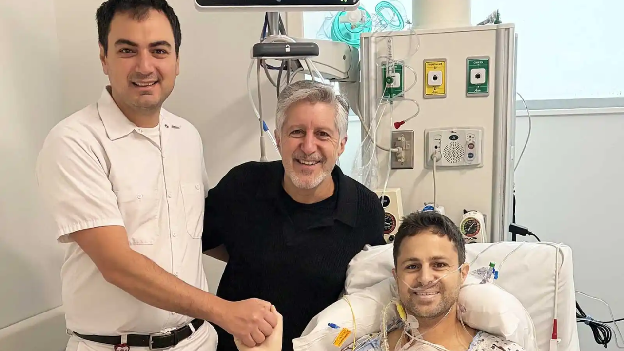 From left: Dr. Serge Harb, Leon Hamui, Johnny Hamui in December 2025. (Photo Credit: PEOPLE)